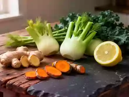Frische Zutaten wie Ingwer, Kurkuma, Fenchel, Grünkohl und Zitrone auf einem dunklen Holztisch. - Foto: über boerse-global.de