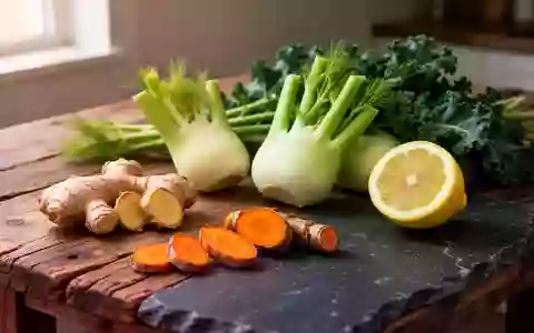 Frische Zutaten wie Ingwer, Kurkuma, Fenchel, Grünkohl und Zitrone auf einem dunklen Holztisch. - Foto: über boerse-global.de