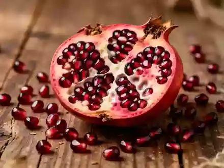 Ein aufgeschnittener Granatapfel liegt auf einem rustikalen Holztisch neben verstreuten Granatapfelkernen. - Foto: über boerse-global.de
