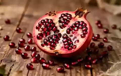 Ein aufgeschnittener Granatapfel liegt auf einem rustikalen Holztisch neben verstreuten Granatapfelkernen. - Foto: über boerse-global.de