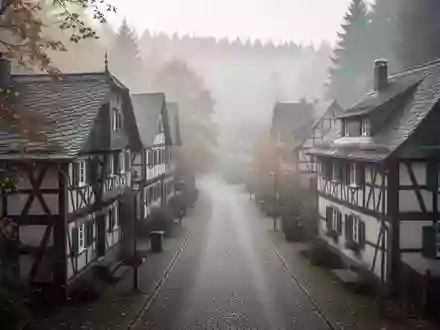 Eine ruhige, menschenleere Wohnstraße mit traditionellen Fachwerkhäusern in Titisee-Neustadt an einem nebligen Herbstmorgen. - Foto: über boerse-global.de