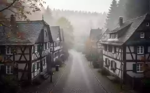 Eine ruhige, menschenleere Wohnstraße mit traditionellen Fachwerkhäusern in Titisee-Neustadt an einem nebligen Herbstmorgen. - Foto: über boerse-global.de