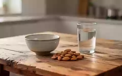 Eine leere Keramikschale, eine Handvoll Mandeln und ein Glas Wasser auf einem Holztisch bei natürlichem Tageslicht. - Foto: über boerse-global.de