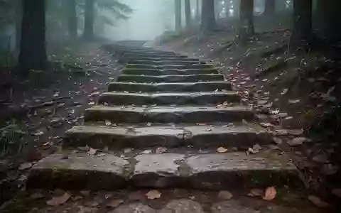 Eine steile, moosbewachsene Steintreppe, die sich durch einen nebligen Wald nach oben windet. - Foto: über boerse-global.de