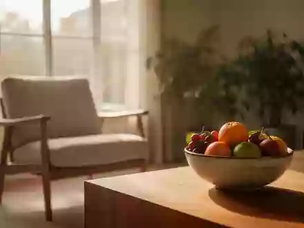Ein lichtdurchfluteter, ruhiger Raum mit einer bequemen Sitzgelegenheit und frischem Obst, der eine entspannte Atmosphäre vermittelt. - Foto: über boerse-global.de