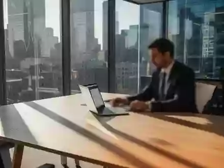 Ein moderner, lichtdurchfluteter Büroarbeitsplatz in einem Finanzdistrikt mit einem Laptop auf einem Holztisch. - Foto: über boerse-global.de