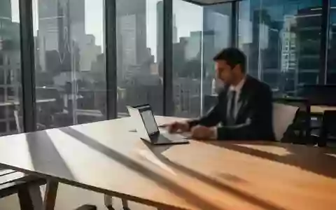Ein moderner, lichtdurchfluteter Büroarbeitsplatz in einem Finanzdistrikt mit einem Laptop auf einem Holztisch. - Foto: über boerse-global.de
