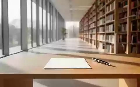 Ein minimalistischer, sonnendurchfluteter Schreibtisch mit einem Notizblock vor einer unscharfen Bibliothekskulisse. - Foto: über boerse-global.de