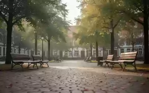 Ein ruhiger, sonniger Stadtplatz mit leeren Parkbänken und herbstlichen Bäumen in einer deutschen Stadt. - Foto: über boerse-global.de