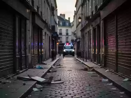 Eine menschenleere, mit Trümmern übersäte Geschäftsstraße in einer französischen Innenstadt bei Dämmerung. - Foto: über boerse-global.de