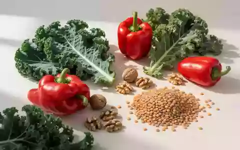 Frisches Gemüse, Nüsse und Hülsenfrüchte auf einem hellen Holztisch bei natürlichem Tageslicht. - Foto: über boerse-global.de
