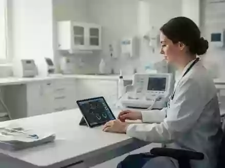 Eine medizinische Fachkraft arbeitet an einem modernen Tablet in einer hellen, professionellen Krankenhausumgebung. - Foto: über boerse-global.de