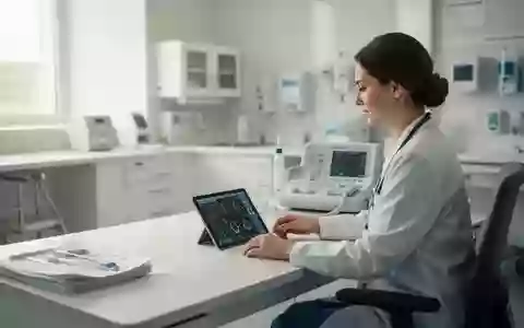 Eine medizinische Fachkraft arbeitet an einem modernen Tablet in einer hellen, professionellen Krankenhausumgebung. - Foto: über boerse-global.de