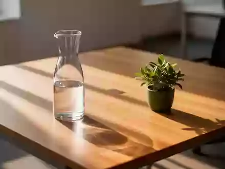 Ein leerer Schreibtisch mit einer Glaskaraffe und einer Pflanze in einem hellen, ruhigen Büro. - Foto: über boerse-global.de