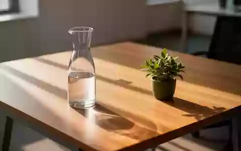 Ein leerer Schreibtisch mit einer Glaskaraffe und einer Pflanze in einem hellen, ruhigen Büro. - Foto: über boerse-global.de