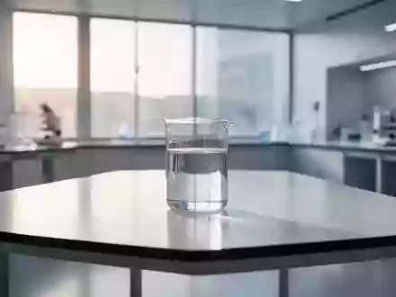 Ein minimalistisch gestalteter, leerer Laborraum mit einem einzelnen Glasbecher auf einem weißen Labortisch bei Tageslicht. - Foto: über boerse-global.de