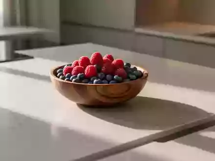 Eine Schale mit frischen Beeren auf einer minimalistischen Küchenarbeitsplatte bei natürlichem Tageslicht. - Foto: über boerse-global.de