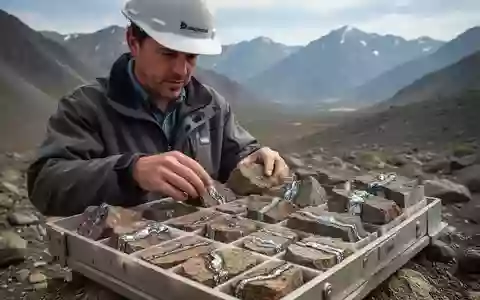 Geologe untersucht Gesteinsproben aus einem Bohrkerntray in einer bergigen Landschaft. - Foto: über boerse-global.de
