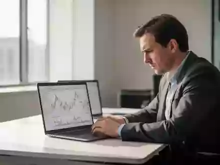 Ein Finanzanalyst sitzt nachdenklich an einem Laptop in einem modernen, hellen Büro. - Foto: über boerse-global.de