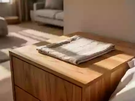 Ein minimalistischer Nachttisch aus Holz in einem hellen, aufgeräumten Schlafzimmer mit natürlichem Tageslicht. - Foto: über boerse-global.de