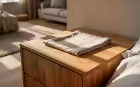 Ein minimalistischer Nachttisch aus Holz in einem hellen, aufgeräumten Schlafzimmer mit natürlichem Tageslicht. - Foto: über boerse-global.de