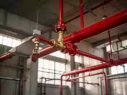 Ein industrielles Brandschutzsystem mit roten Stahlrohren und Messingdüsen an einer Fabrikdecke. - Foto: über boerse-global.de