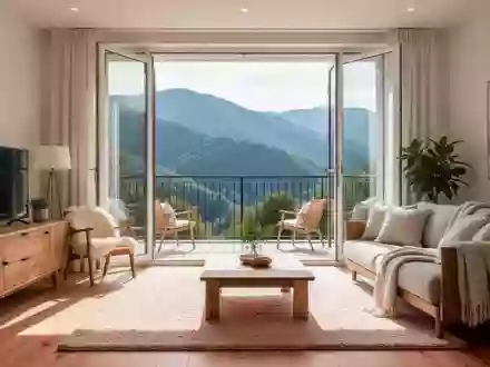 Ein sonnendurchfluteter Wohnraum mit Balkontür und Blick auf eine Berglandschaft als Symbol für alternatives Wohnen und Reisen. - Foto: über boerse-global.de