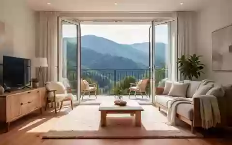 Ein sonnendurchfluteter Wohnraum mit Balkontür und Blick auf eine Berglandschaft als Symbol für alternatives Wohnen und Reisen. - Foto: über boerse-global.de