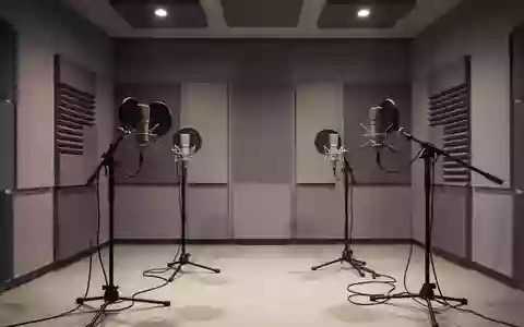 Ein minimalistisches Tonstudio mit akustischen Wandpaneelen und professionellen Mikrofonen in einer ruhigen, modernen Umgebung. - Foto: über boerse-global.de