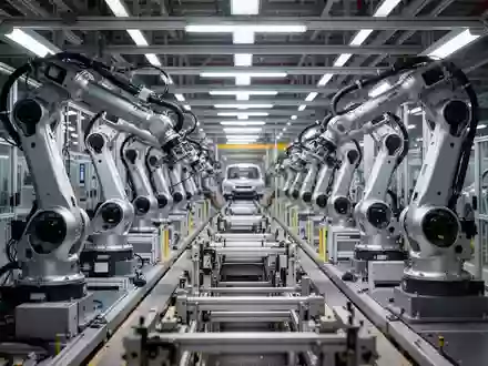 Eine moderne, hochtechnologische Fertigungslinie in einer Fabrikhalle mit stationären Industrieroboterarmen. - Foto: über boerse-global.de