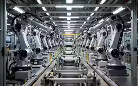Eine moderne, hochtechnologische Fertigungslinie in einer Fabrikhalle mit stationären Industrieroboterarmen. - Foto: über boerse-global.de