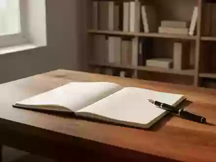Ein minimalistischer, sonnendurchfluteter Arbeitsplatz mit einem leeren Notizbuch und einem Füllfederhalter auf einem Holztisch. - Foto: über boerse-global.de