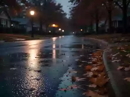 Eine regennasse Straße im Herbst bei Dämmerung mit herabgefallenen Blättern am Straßenrand. - Foto: über boerse-global.de