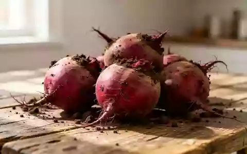Mehrere rohe Rote-Bete-Knollen mit Erdresten auf einem rustikalen Holztisch in einer hellen Küche. - Foto: über boerse-global.de