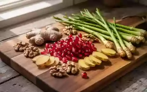 Frische Zutaten wie Walnüsse, Granatapfelkerne, Ingwer und Kurkuma auf einem hölzernen Schneidebrett als Symbol für entzündungshemmende Ernährung. - Foto: über boerse-global.de