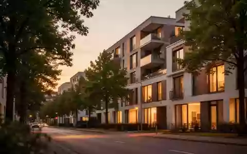 Eine moderne Wohnstraße in Deutschland in der Abenddämmerung mit warm beleuchteten Fenstern eines Wohngebäudes. - Foto: über boerse-global.de