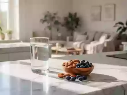 Eine helle, moderne Küche mit einer Schale frischer Beeren und Nüsse als Symbol für gesunde Ernährung im Alter. - Foto: über boerse-global.de
