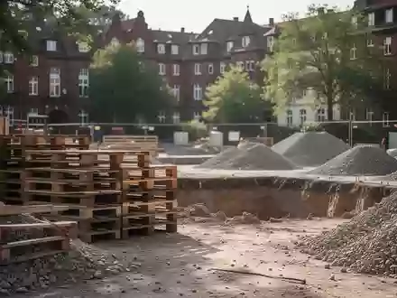 Eine urbane Baustelle mit Baumaterialien vor dem Hintergrund von WohngebĂ€uden in Paderborn. - Foto: ĂŒber boerse-global.de
