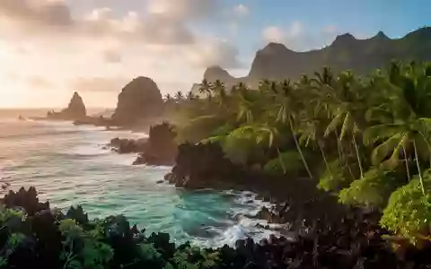 Die tropische Küstenlandschaft von Mauritius mit Palmen und azurblauem Meer bei Sonnenuntergang. - Foto: über boerse-global.de