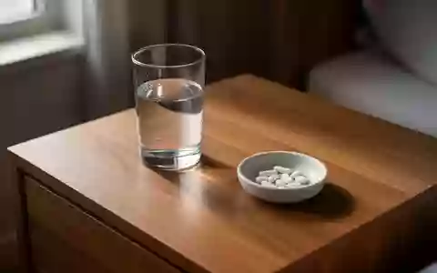 Ein leeres Glas Wasser und eine kleine Keramikschale mit neutralen weißen Tabletten auf einem hölzernen Nachttisch. - Foto: über boerse-global.de