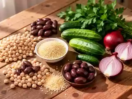 Frische Zutaten wie Quinoa, Kichererbsen, Gurken, Oliven und Kräuter auf einem rustikalen Holztisch. - Foto: über boerse-global.de