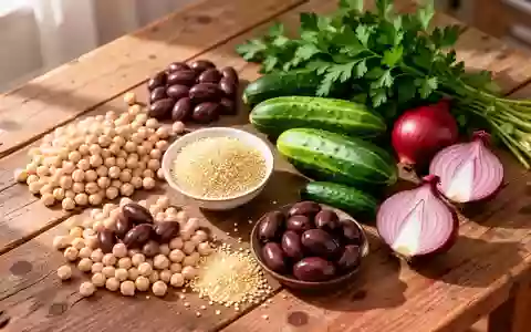 Frische Zutaten wie Quinoa, Kichererbsen, Gurken, Oliven und Kräuter auf einem rustikalen Holztisch. - Foto: über boerse-global.de