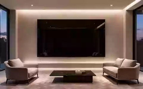 Ein minimalistisch eingerichtetes, modernes Wohnzimmer mit einer leeren, dunklen Wandfläche und indirekter Beleuchtung. - Foto: über boerse-global.de