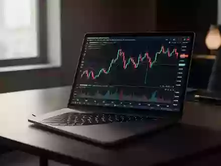 Ein moderner Arbeitsplatz mit einem Laptop, auf dem Finanzcharts zu sehen sind, in einem professionellen Büroumfeld. - Foto: über boerse-global.de