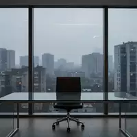 Ein minimalistisches, leeres Büro mit einer Glas-Schreibtischplatte vor einer großen Fensterfront und Stadtkulisse. - Foto: über boerse-global.de