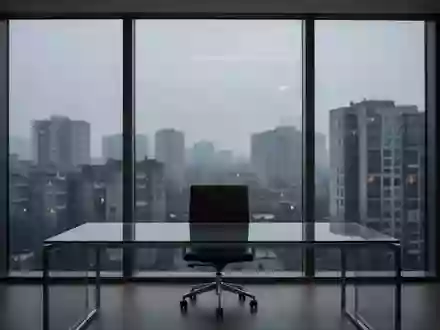 Ein minimalistisches, leeres Büro mit einer Glas-Schreibtischplatte vor einer großen Fensterfront und Stadtkulisse. - Foto: über boerse-global.de