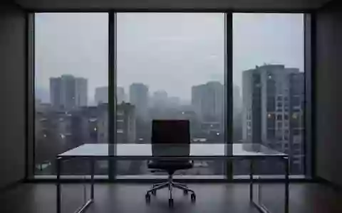 Ein minimalistisches, leeres Büro mit einer Glas-Schreibtischplatte vor einer großen Fensterfront und Stadtkulisse. - Foto: über boerse-global.de