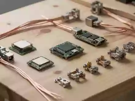 Nahaufnahme einer Werkbank mit modularen elektronischen Komponenten und Bauteilen auf einer hellen Holzoberfläche. - Foto: über boerse-global.de
