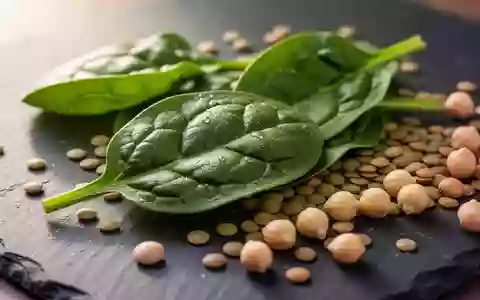 Frische SpinatblĂ€tter und HĂŒlsenfrĂŒchte auf einer dunklen Schieferplatte - Foto: ĂŒber boerse-global.de