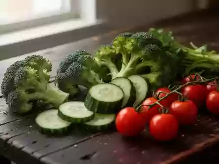 Frisches, rohes Gemüse wie Brokkoli, Gurken und Tomaten auf einem dunklen Holztisch in natürlichem Licht. - Foto: über boerse-global.de